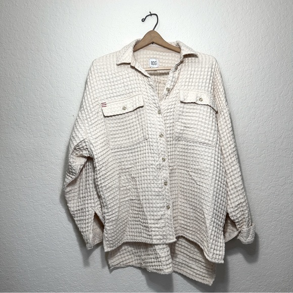 BDG Tops - BDG Waffle Texture Oversized Shacket Button Down Cream Color Size Medium